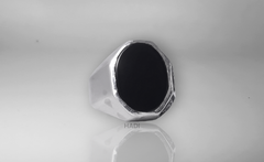 Men Signet Rings - Elegant Sterling Silver Ring in Black Onyx - One Side Plain One Side Engraved- 14k White-Gold Plated with Matte and Shiny Finishing