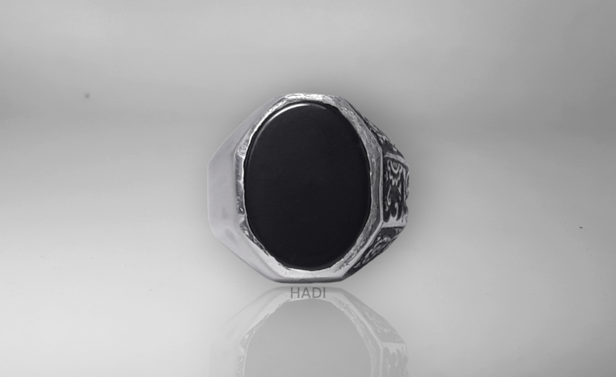 Men Signet Rings - Elegant Sterling Silver Ring in Black Onyx - One Side Plain One Side Engraved- 14k White-Gold Plated with Matte and Shiny Finishing