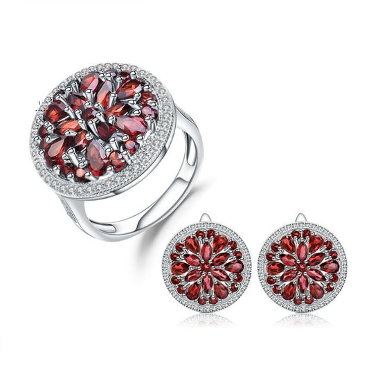 Natural Red Garnet Earrings Cocktail Ring Set 925 Sterling Silver Anti Tarnish Vintage Jewelry Set Party  Jewelry set