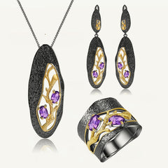Hollowing Design Natural Amethyst Ring Earrings Pendant Jewelry Set Anti Tarnish 925 Sterling Silver Sets Party Jewelry Set
