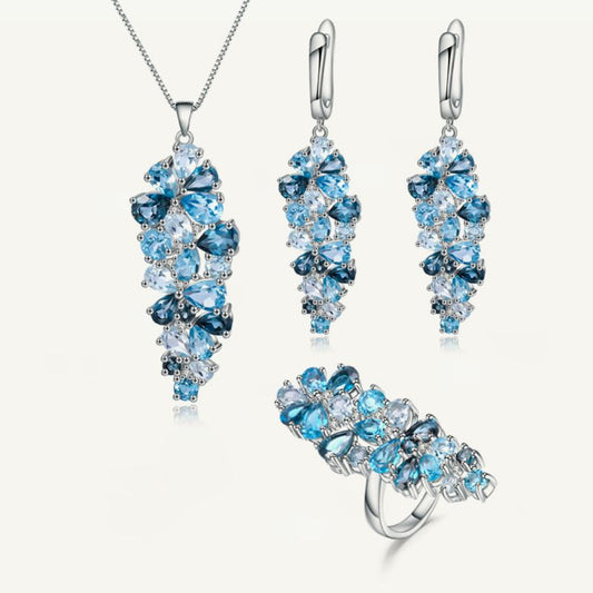Natural Blue Topaz Ring Earrings & Pendant Set Anti Tarnish 925 Sterling Silver Luxury Party Jewelry Sets