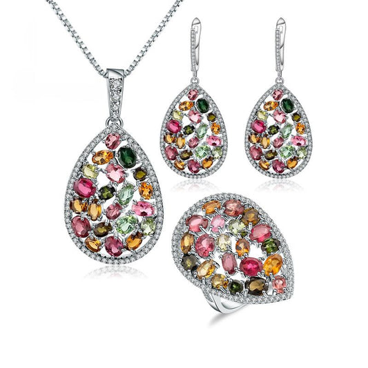 Natural Colorful Tourmaline Anti Tarnish Jewelry Set 925 Sterling Silver Ring Earrings & Pendant Sets Fine Jewelry