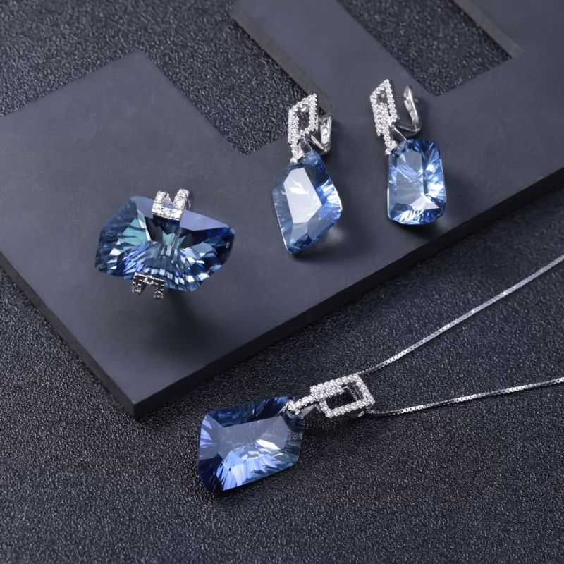 مجموعة من الكوارتز الصوفي الأزرق الطبيعي المقاوم للتشويه من الفضة الإسترليني عيار 925 وأقراط وخاتم ومجوهرات راقية