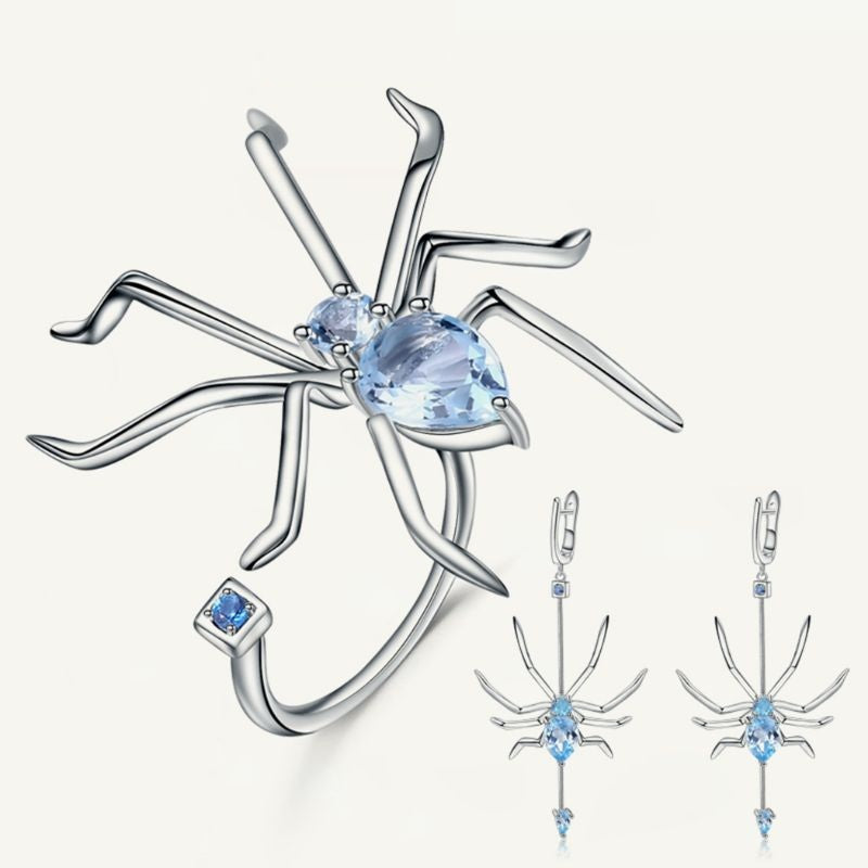 Natural Sky Blue Topaz Anti Tarnish 925 Sterling Silver Spider Design Jewelry Set Earring & Adjustable Ring Set Fine jewelry