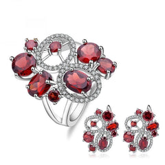 Natural Red Garnet Vintage Flower Jewelry Set 925 Sterling Silver Earrings & Ring Set Fine Jewelry