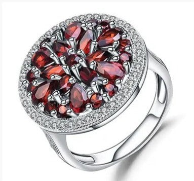Round Natural Red Garnet Gemstone Ring 925 Sterling Silver Classic Cocktail Rings Fine Jewelry