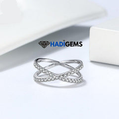 خاتم HADIGEMS Cross X Pave من الفضة الإسترليني عيار 925 للنساء مكعب الزركون