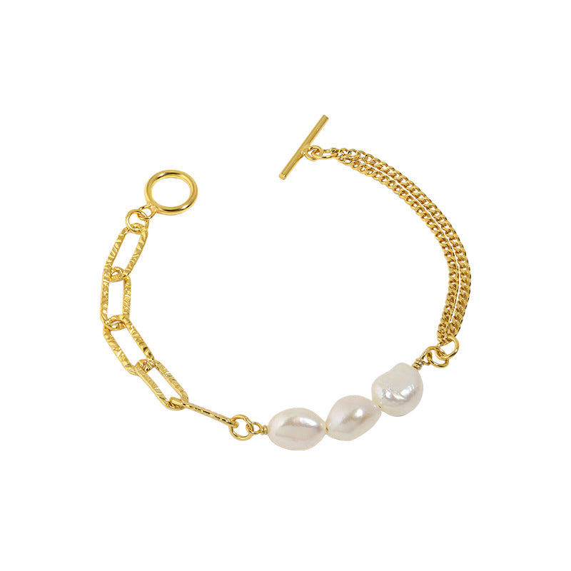 Asymmetry Hollow Chain Baroque Natural Pearl Bracelet - Gold-Plated Silver Pearl Bracelet for women - Perfect Pearl Bracelet with Gift Wrapping Included