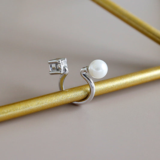 Office Round Shell Pearl CZ Non-Pierced Earring(Single) - Palladium-Plated Silver Pearl Earrings for women - Perfect Pearl Earrings with Gift Wrapping Included