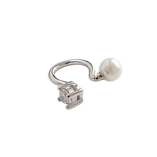 Office Round Shell Pearl CZ Non-Pierced Earring(Single) - Palladium-Plated Silver Pearl Earrings for women - Perfect Pearl Earrings with Gift Wrapping Included