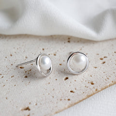 Geometry Hollow Circle Round Natural Pearl Stud Earrings - Palladium-Plated Silver Pearl Earrings for women - Perfect Pearl Earrings with Gift Wrapping Included