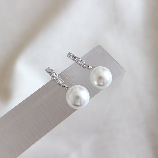 Elegant Round Shell Pearl CZ Earrings - Palladium-Plated Silver Pearl Earrings for women - Perfect Pearl Earrings with Gift Wrapping Included