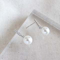 Elegant Round Shell Pearl CZ Earrings - Palladium-Plated Silver Pearl Earrings for women - Perfect Pearl Earrings with Gift Wrapping Included