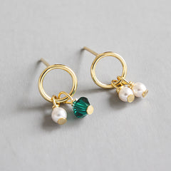 Asymmetry Shell Pearls Green CZ Stud Earrings - Gold-Plated Silver Pearl Earrings for women - Perfect Pearl Earrings with Gift Wrapping Included