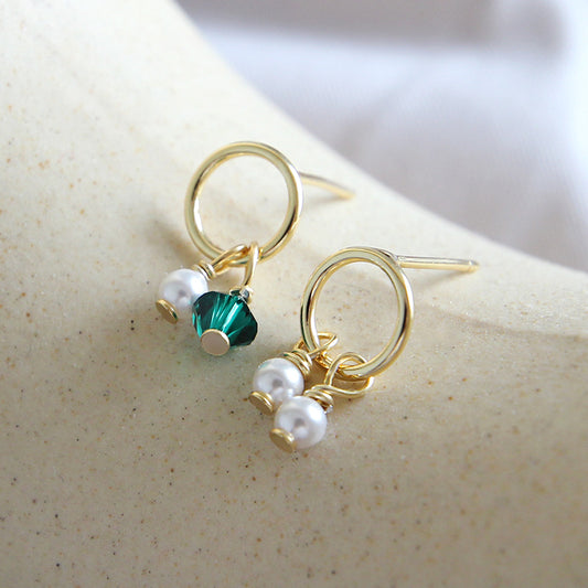 Asymmetry Shell Pearls Green CZ Stud Earrings - Gold-Plated Silver Pearl Earrings for women - Perfect Pearl Earrings with Gift Wrapping Included
