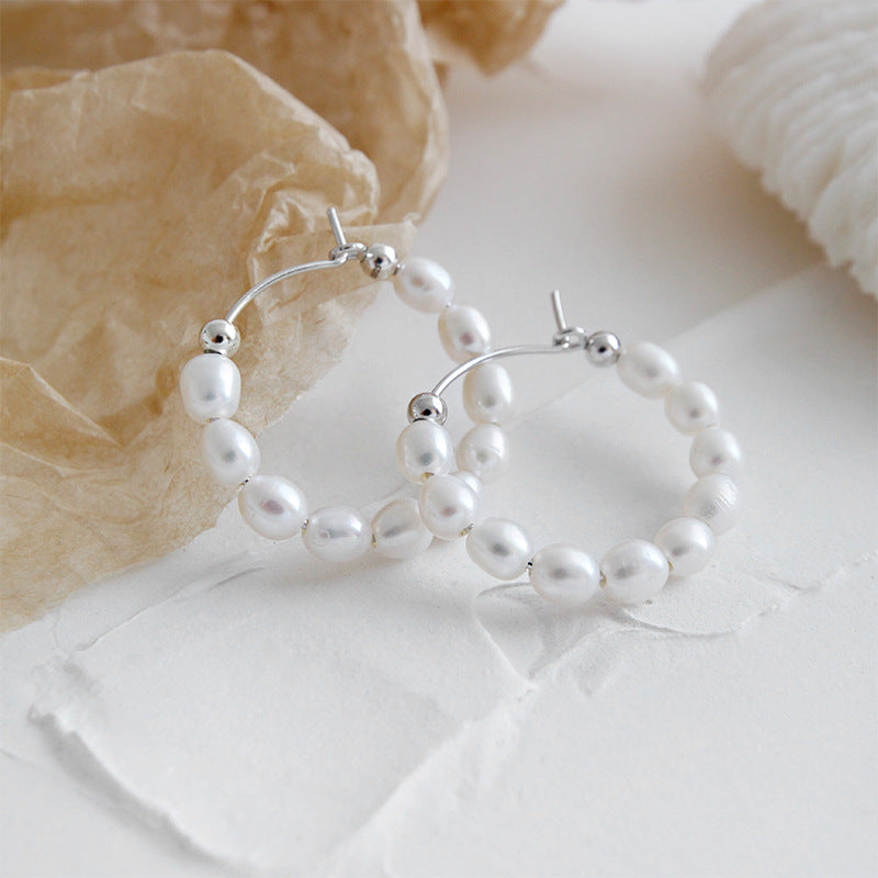 Elegant Natural Pearls Circles Hoop Earrings - Palladium-Plated Silver Pearl Earrings for women - Perfect Pearl Earrings with Gift Wrapping Included