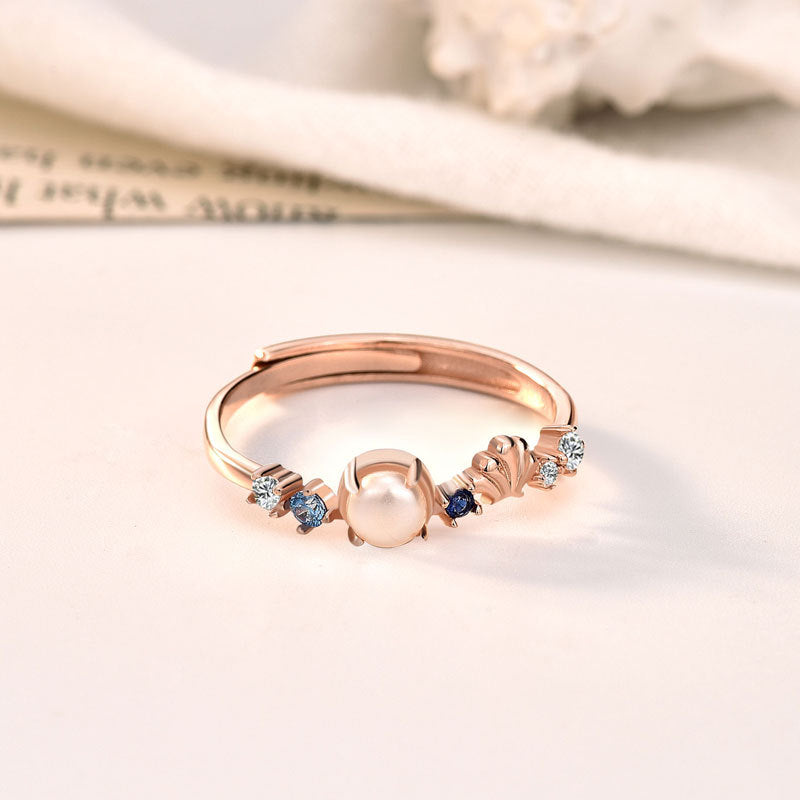 Elegant Shell Pearl Mermaid Tail CZ Adjustable Ring - Rose Gold-Plated Silver Pearl Rings for women - Perfect Pearl Rings with Gift Wrapping Included