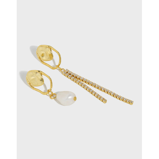 Asymmetry Shell Pearl CZ Tassels Dangling Earrings - Gold-Plated Silver Pearl Earrings for women - Perfect Pearl Earrings with Gift Wrapping Included