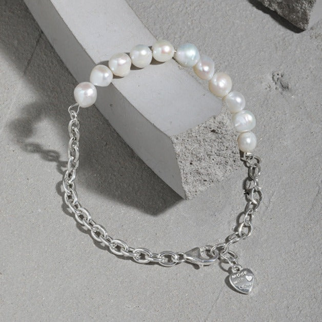 Asymmetry Natural Pearls Curb Chain Bracelet - Palladium-Plated Silver Pearl Bracelet for women - Perfect Pearl Bracelet with Gift Wrapping Included