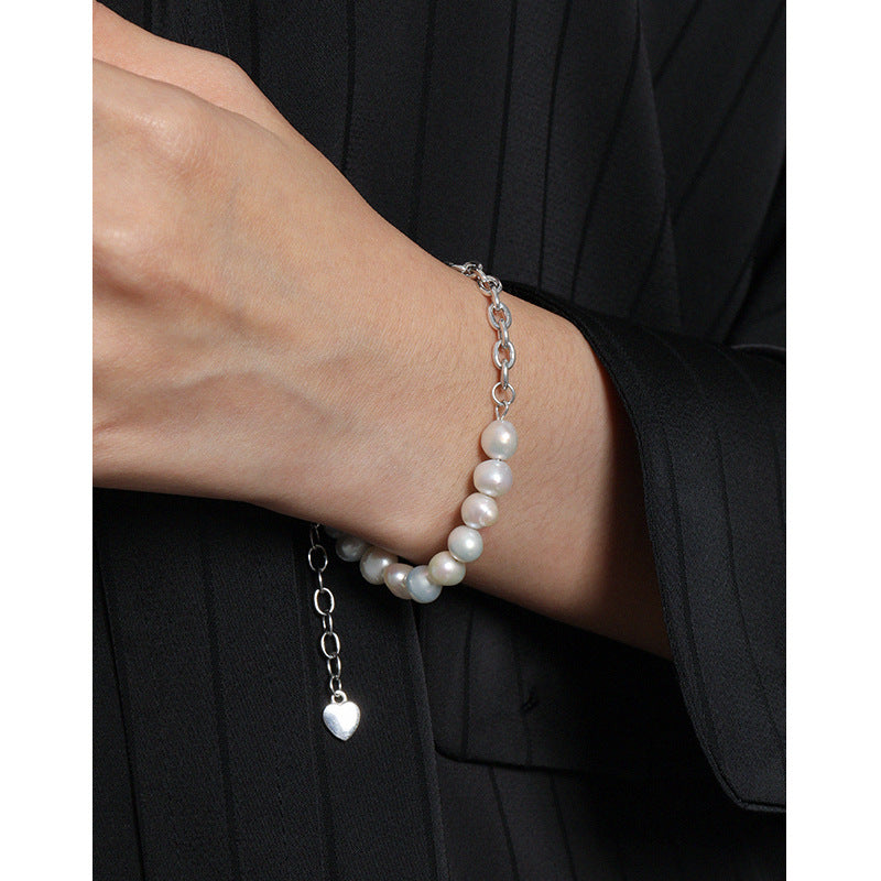 Asymmetry Natural Pearls Curb Chain Bracelet - Palladium-Plated Silver Pearl Bracelet for women - Perfect Pearl Bracelet with Gift Wrapping Included