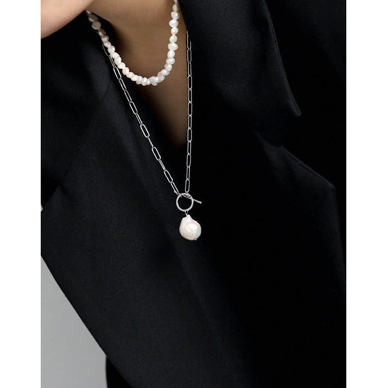 Office Irregular Natural Pearl Hollow Chain Necklace - Palladium-Plated Silver Pearl Necklace - Perfect Pearl Necklace with Gift Wrapping Included