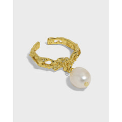 Office Oval Natural Pearl Irregular 925 Sterling Silver Adjustable Ring - Gold-Plated Silver Pearl Rings for women - Perfect Pearl Rings with Gift Wrapping Included