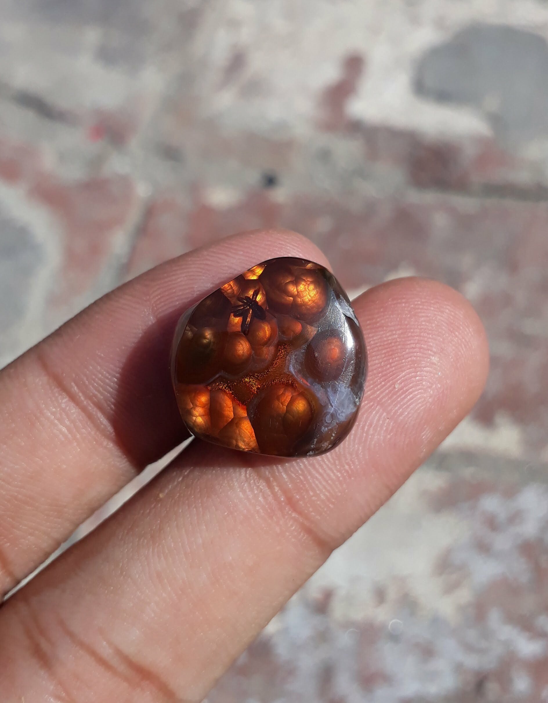 Rare Mexican Fire Agate Cabochon with Seginite