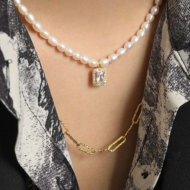 Elegant Natural Pearl Rectangle CZ Necklace - Gold-Plated Silver Pearl Necklace - Perfect Pearl Necklace with Gift Wrapping Included