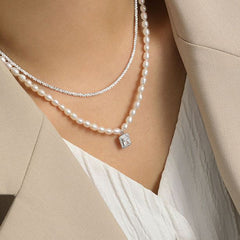 Elegant Natural Pearl Rectangle CZ Necklace - Gold-Plated Silver Pearl Necklace - Perfect Pearl Necklace with Gift Wrapping Included