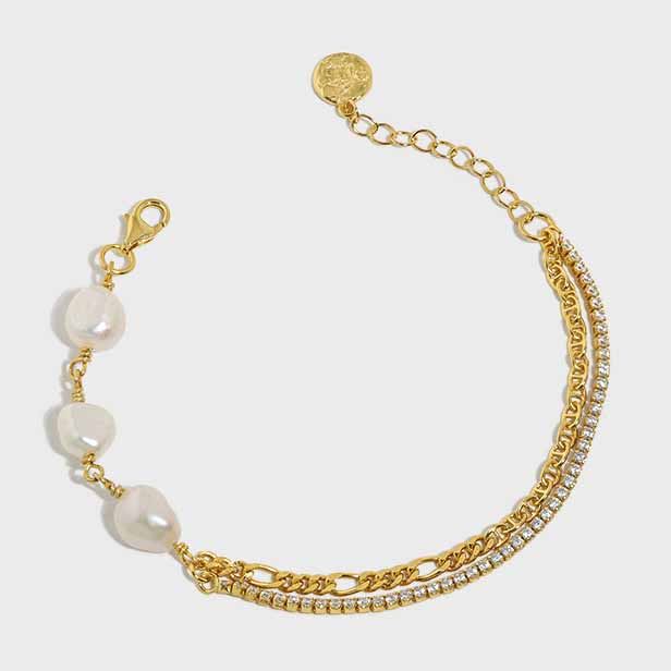 Girl Irregular Double Layer Hollow Chain Natural Pearl Bracelet - Gold-Plated Silver Pearl Bracelet for women - Perfect Pearl Bracelet with Gift Wrapping Included