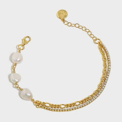 Girl Irregular Double Layer Hollow Chain Natural Pearl Bracelet - Gold-Plated Silver Pearl Bracelet for women - Perfect Pearl Bracelet with Gift Wrapping Included