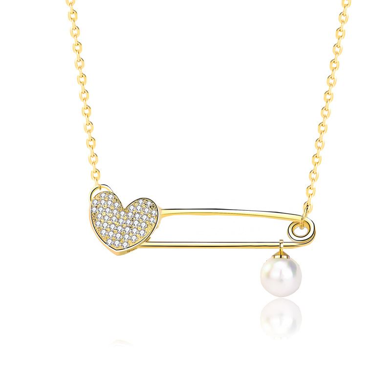Not CZ Heart Clip Natural Pearl Necklace - Gold-Plated Silver Pearl Necklace - Perfect Pearl Necklace with Gift Wrapping Included